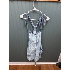 Aerie Women's Denim‎ Romper Overalls Shorts Tie Strap Acid Wash Blue L/G